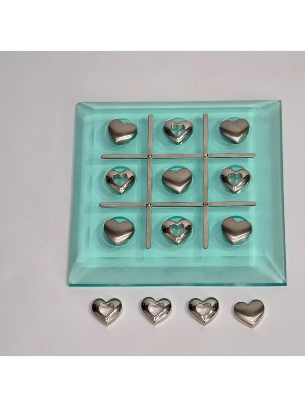 Tic Tac Toe Set Glass Board Mini Game 13 Heart Shaped Metal Pieces EliteCrafters